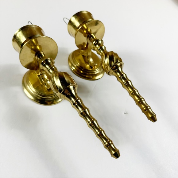 Vtg Solid Brass Wall Sconces Candleholders Hollywood Regency Style Pair - Picture 1 of 14
